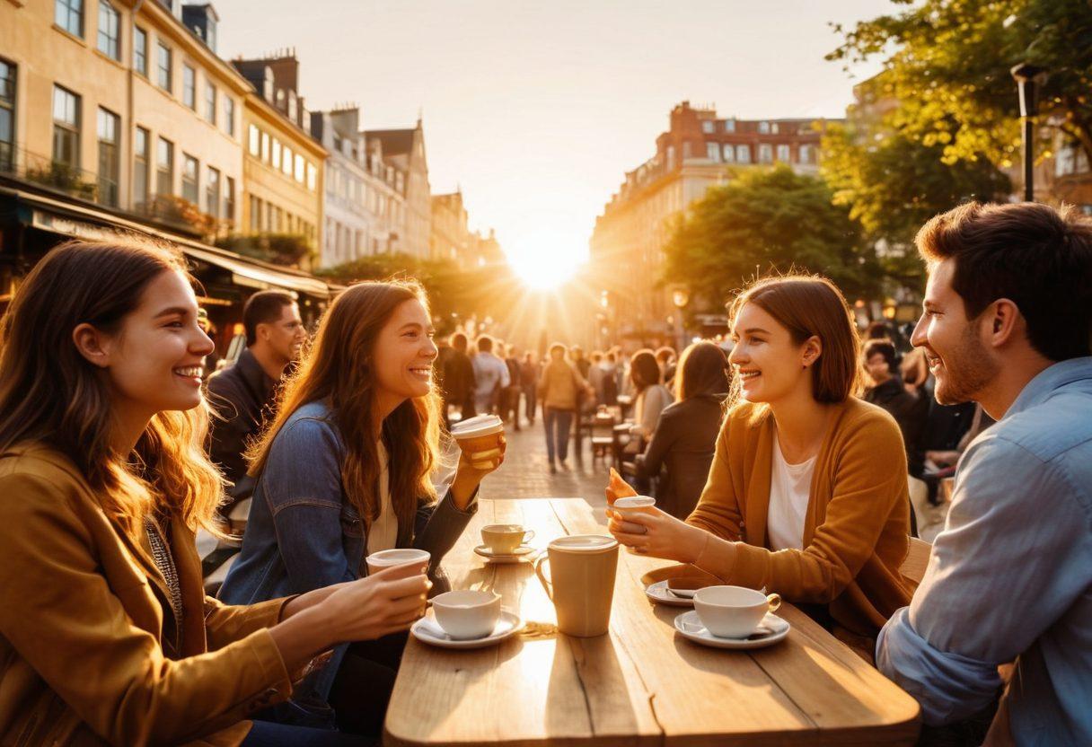 A vibrant cityscape filled with young adults engaging in various activities like chatting, laughing, and getting to know each other in cafes, parks, and social events. Integrate elements of technology, such as mobile phones and apps, connecting individuals. The setting should convey a sense of exploration and connection amidst the swipe-right culture. Use warm colors and a slightly blurred background to evoke a lively atmosphere. super-realistic. vibrant colors.