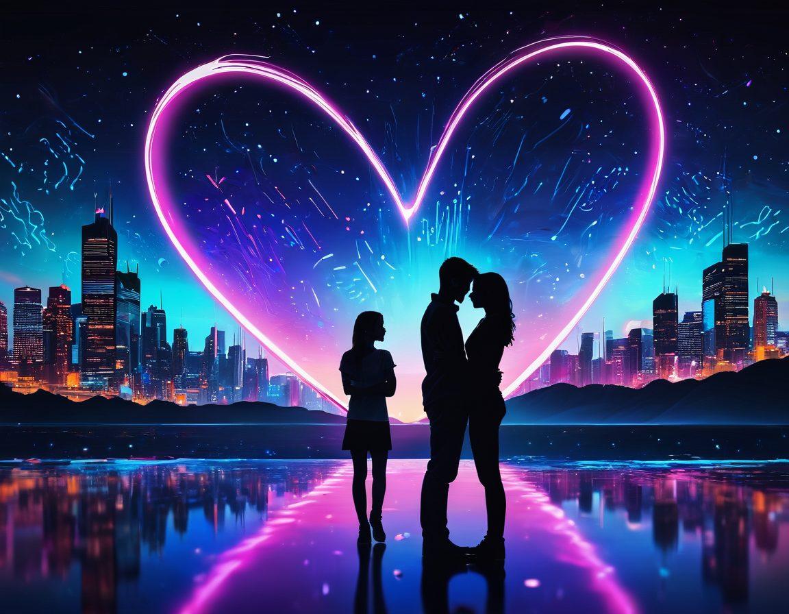 A digital landscape that merges technology and romance, featuring glowing heart-shaped icons streaming through a deep blue cyber ocean. Silhouettes of diverse couples connecting through glowing screens and vibrant lines of data intertwining, symbolizing passion and connection in the digital age. The foreground showcases abstract representations of emotions like love and desire, while in the background, a starry sky suggests endless possibilities. neon colors. cyberpunk. vibrant emotions.
