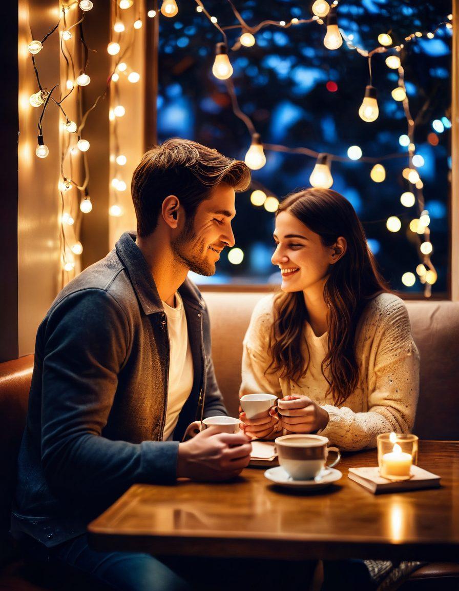 A cozy café setting where a couple shares a warm, intimate moment over coffee, with a soft glow of fairy lights in the background. The scene includes subtle hints of online dating elements like a smartphone displaying a chat conversation, and a romantic book on the table. The ambiance should evoke warmth, connection, and modern love. bright colors. soft focus.